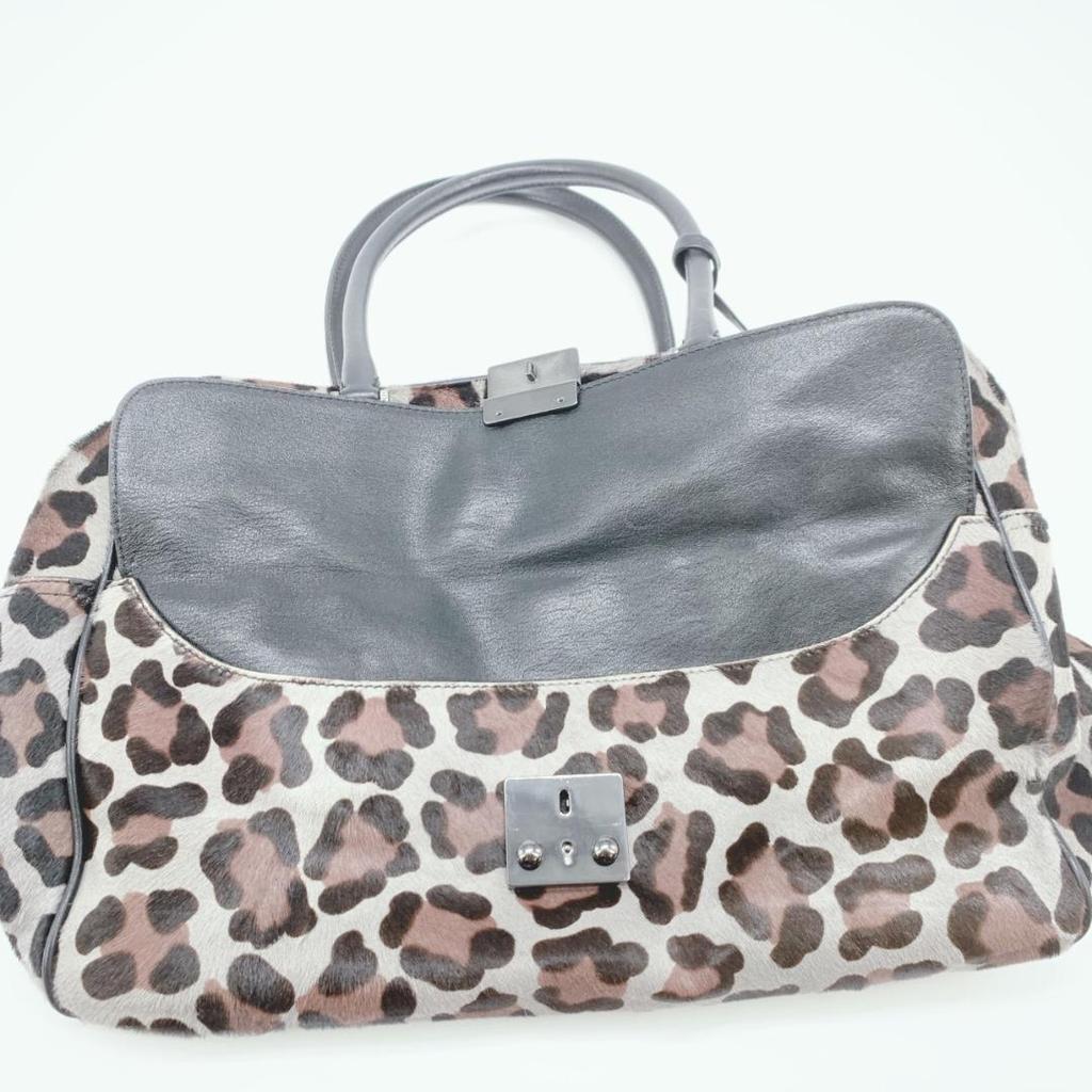 ANYA HINDMARCH Carker Unborn Calf Leopard Print Handbag Boston Bag Leather Grey Brand Tassel A4 Capacity Women's Logo Plate