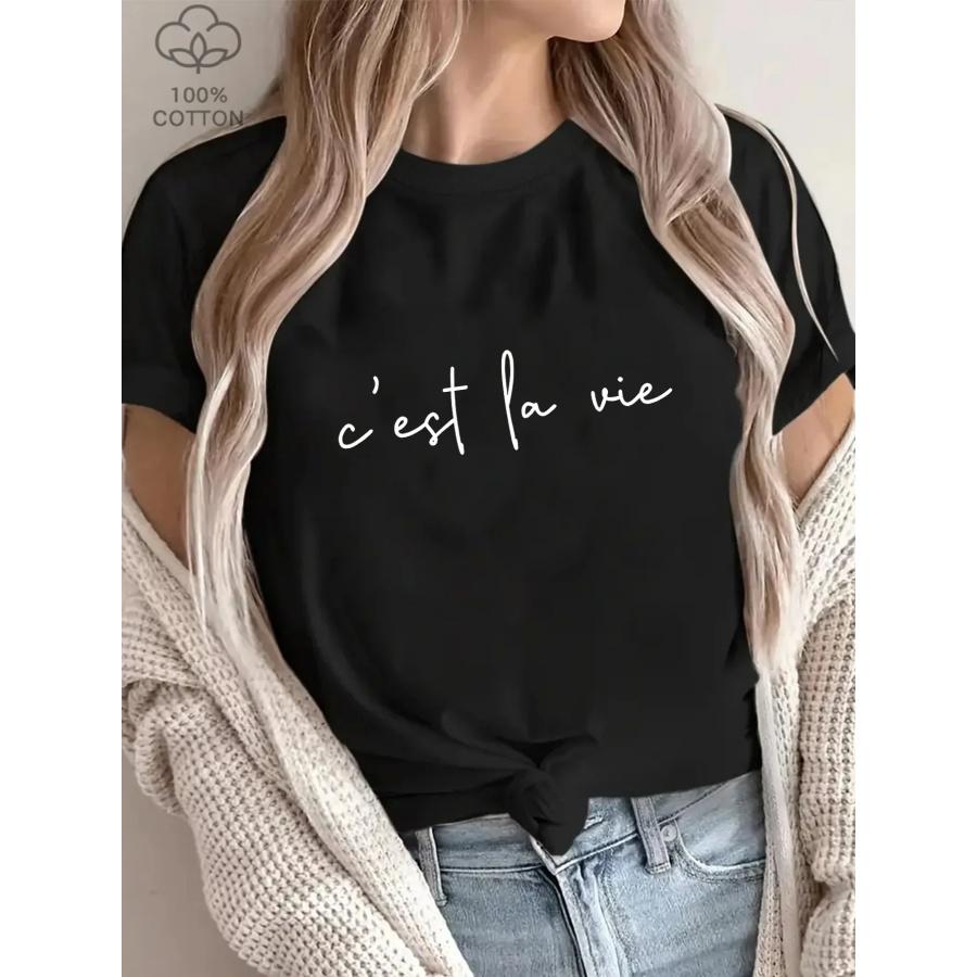 Women s Casual T-Shirt - _C est La Vie_ Minimalist Cursive Print Black with White Lettering Short Sleeve Round Neck Everyday Top S