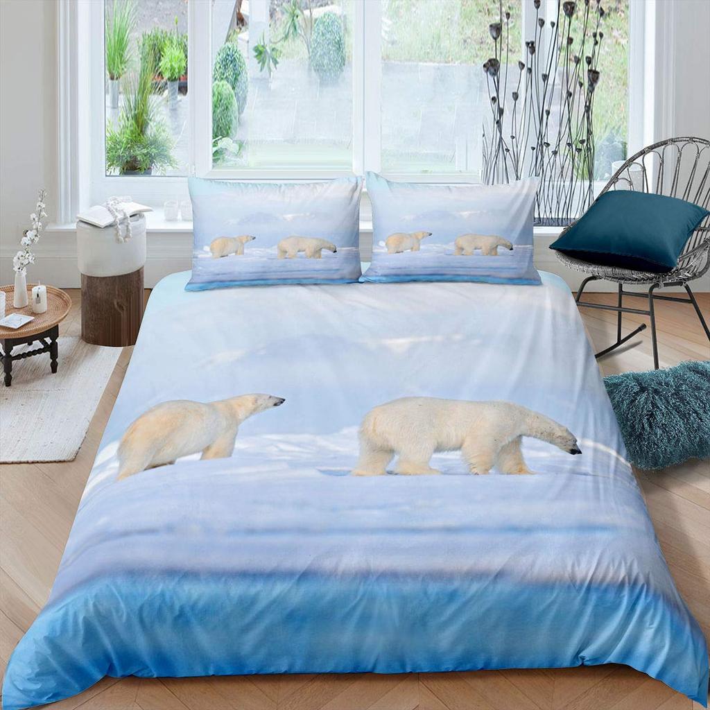 Bear Pattern Bedding Set Polar Bear Duvet Cover for Child Adult,White Bear Snow Mountain Sunset Soft Microfiber Comforter Cover