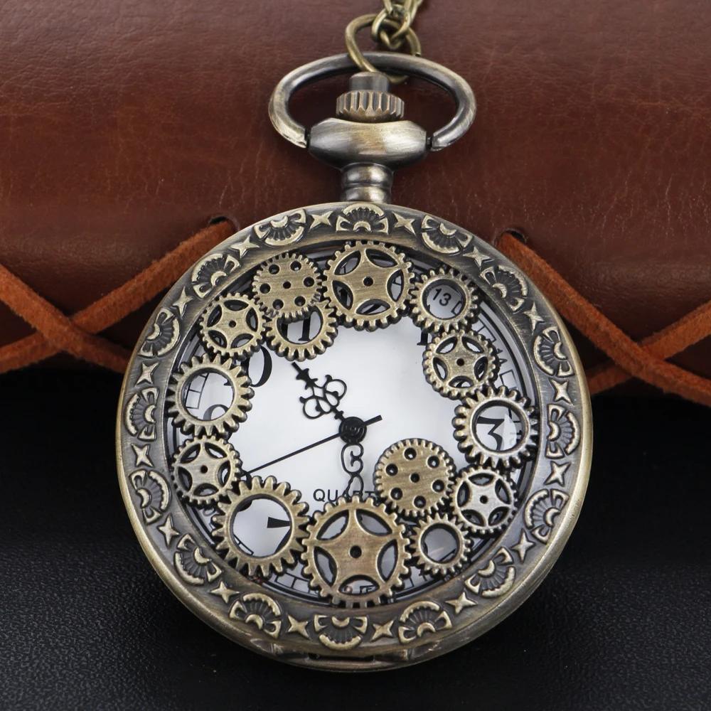 New Fashion Retro Design Hollow Gear Fob Watch Vintage Bronze Pocket Watch Necklace Chain Pendant Quartz Watches Birthday Gifts