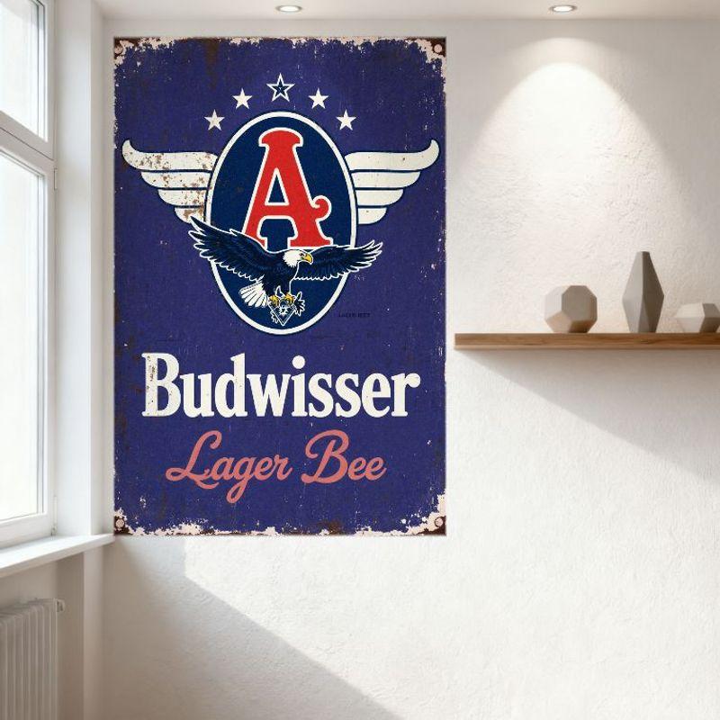 Vintage Metal Tin Sign with Eagle & Star Emblem, 'Budwisser Lager Bee' Retro Beer Advert Decor for Bar Man Cave Home Restaurant