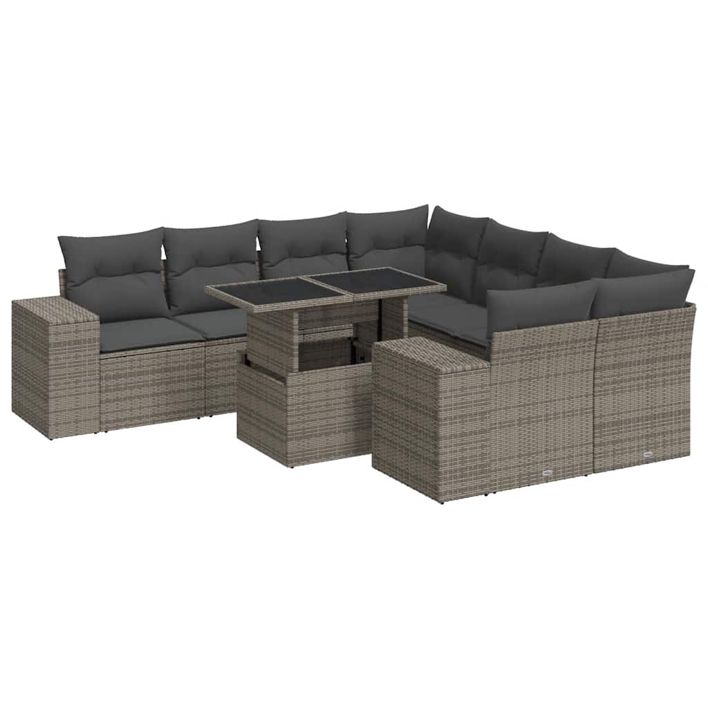 Vidaxl 9-Cz. Garden Furniture Set With Cushions, Grey, Poly Rattan
