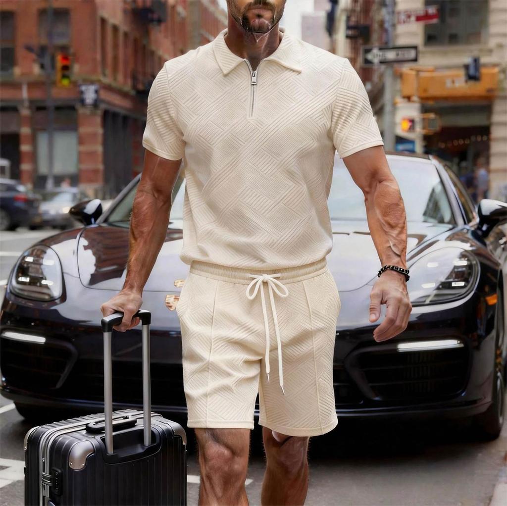 Men's New Casual Color Zipper Collar Shirt Short-sleeve Set
