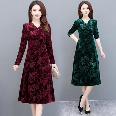 Mother Plus Size Autumn Velvet Dress Mid-length Slim Long-sleeved Middle-aged and Elderly Women