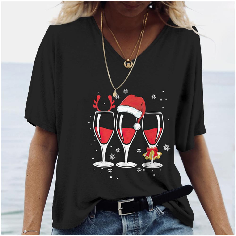 Weihnachts- Weinglas Muster Druck Damen V-Ausschnitt T-Shirts Lässiger Kurzarm Pullover T-Shirt Mode Oberteile Damen T-Shirts Kleidung
