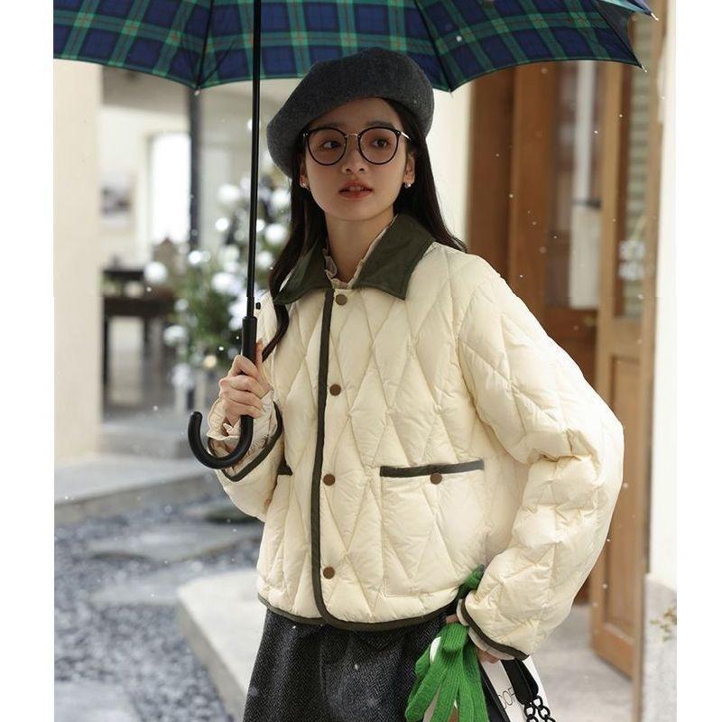 Autumn and winter new rhombus light and thin short cotton clothes women's winter cotton-padded clothes jacket