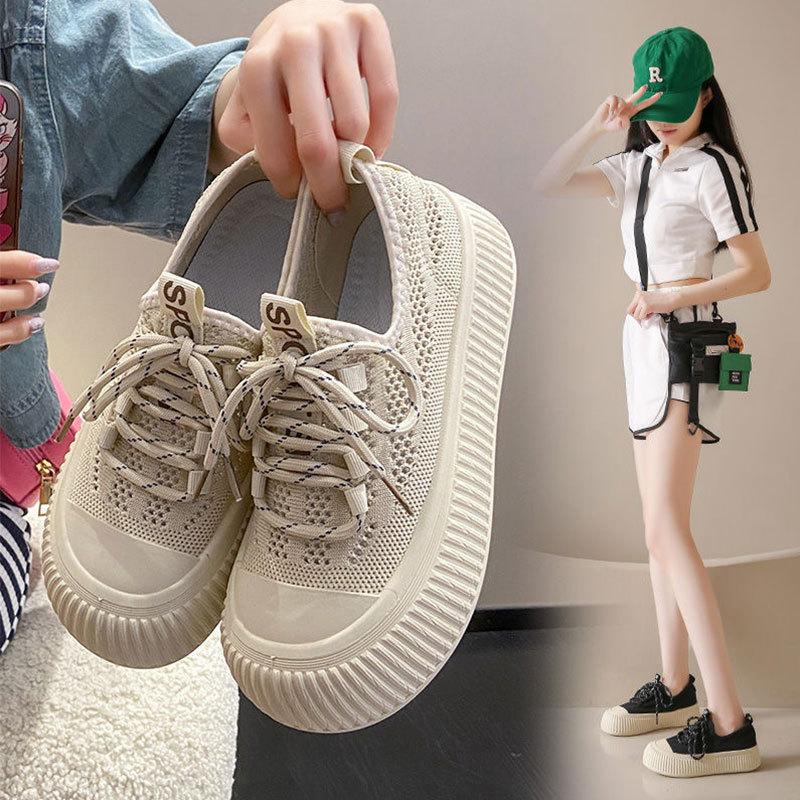 Women's shoes 2025 spring and summer breathable new mesh mesh shoes thick-soled one-pedal fly-woven shoes thin biscuits canvas shoes