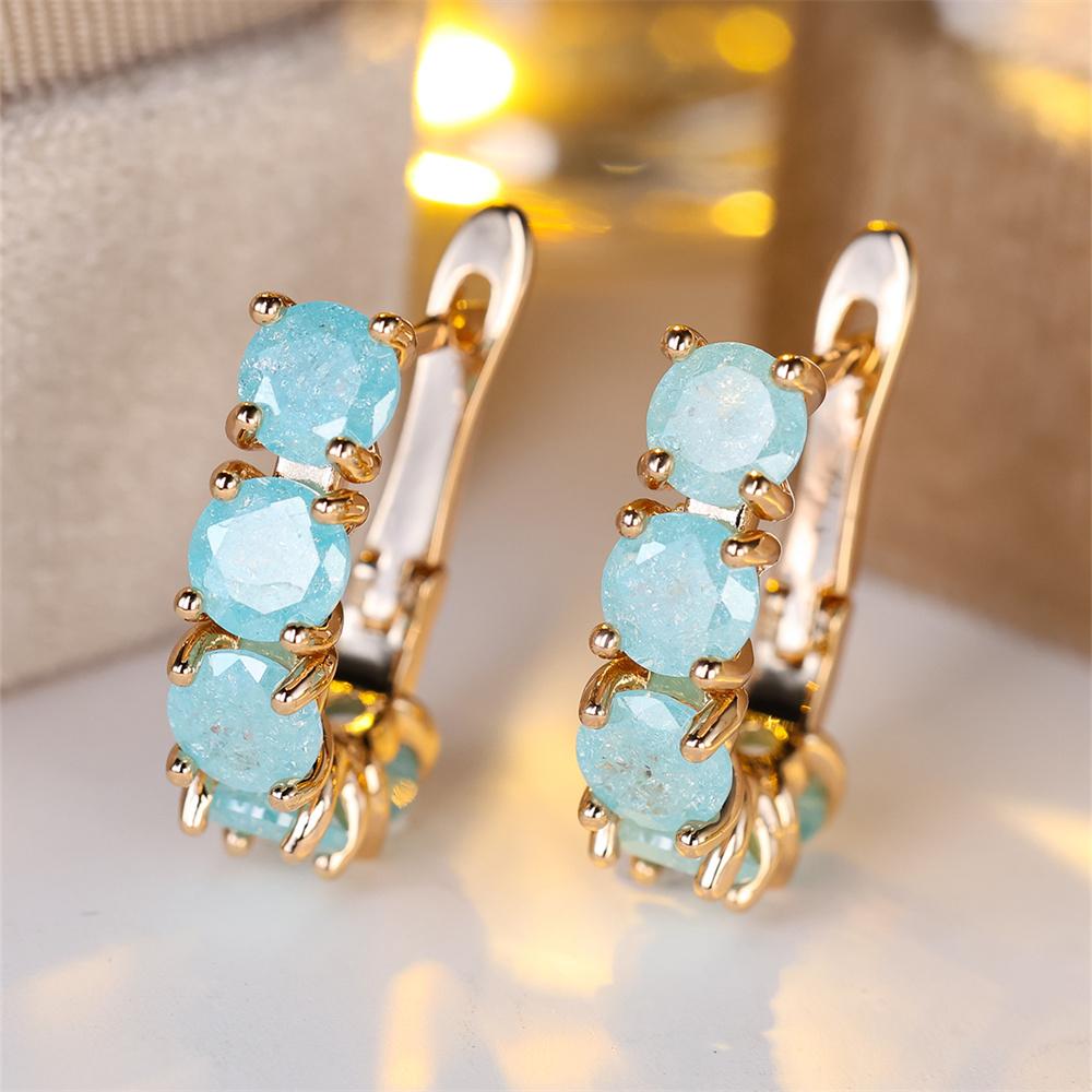 Pink Green Aqua Blue Ice Flower Zircon Hoop Earrings For Women Vintage Gold Color Wedding Jewelry Christmas Gifts