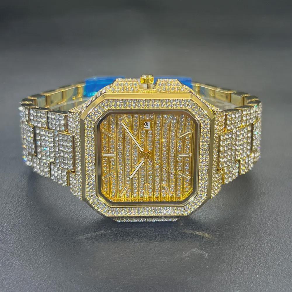 Watch For Men Luxury Gold Square Men's Wristwatch Alloy Strap Full Diamond Business Quartz Watch For Man Clock Gifts