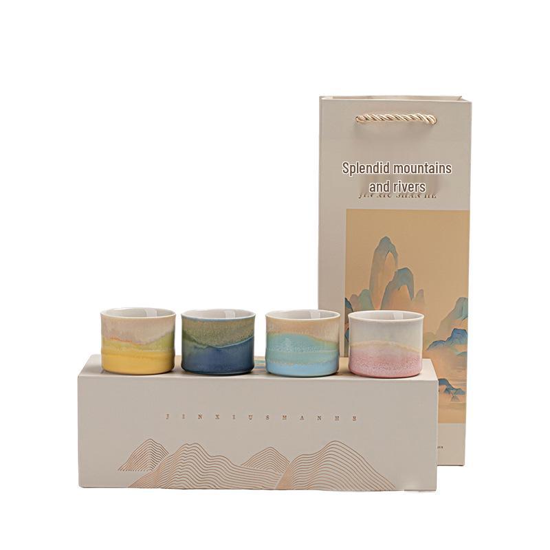 Embroidered Mountains & Rivers Ceramic Tea Cup Set - 4 Personal Tasting Cups, Ideal for Corporate Gifts, with Gift Box