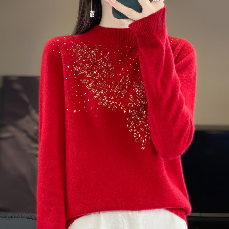 2024 Women's Zodiac Red Wool Sweater - Long Sleeve, Round Neck, Half High Neck