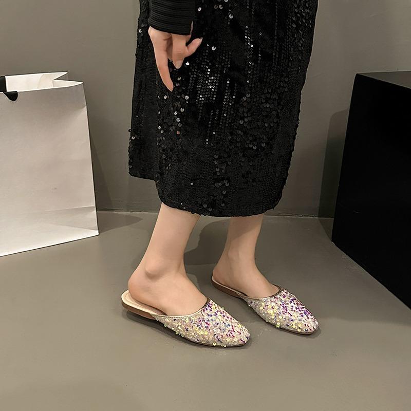 

Модная женская повседневная обувь, украшенная пайетками, тапочки с квадратным носком и плоской подошвой, удобные сандалии на платформе, шлепанцы, пляжные тапочки для отдыха на открытом воздухе 35