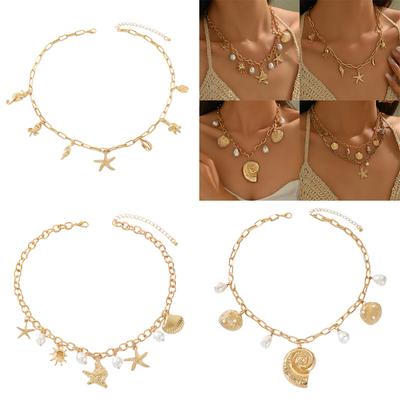 Μποέμ Κολιέ με Κρεμαστό Κοχύλι Μαργαριτάρι Ρυθμιζόμενο Κοσμήματα Παραλίας Μόδα Αλυσίδα Πολλαπλών Στρώσεων Για Γυναίκες Διακοπές Κομμάτι για Στρώσεις