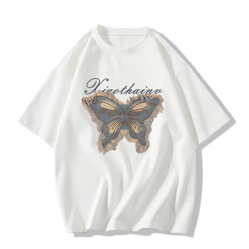 grey cotton short-sleeved t-shirt women's summer new small butterfly print ins design sense niche loose top