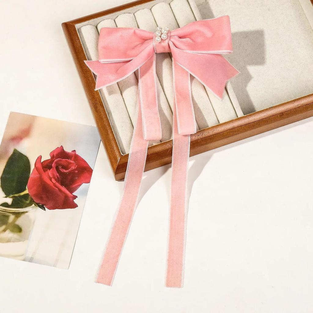 Velvet Ribbon with Pearl Korean Hair Clips for Women Elegant Long Tassel Large Bows Girls Hairpin Accessories Autumn Winter New