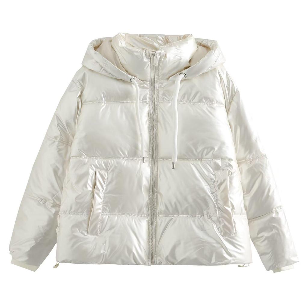 Women's 2023 Silver Satin Hooded Jacket - European & American Autumn/Winter Style