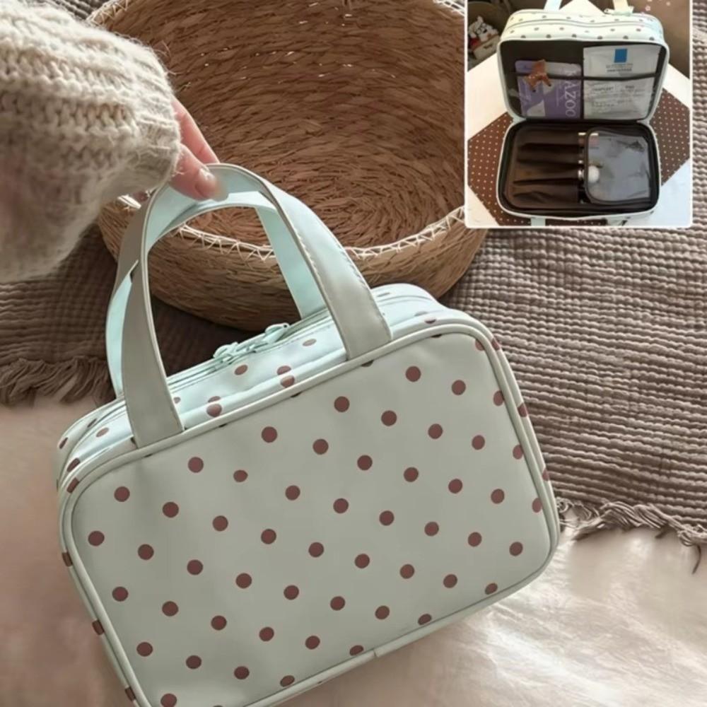 Portable Polka Dot Makeup Bag Large Capacity with Handle Cosmetic Bag Three Layer PU Travel Toiletry Bag