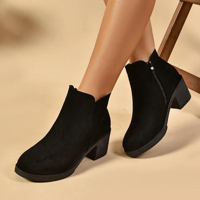 Women's Boots Solid Square Heel Platform Shoes Autumn Winter Round Toe Zipper Pumps High Quality Femmer Anti Slip Shoes