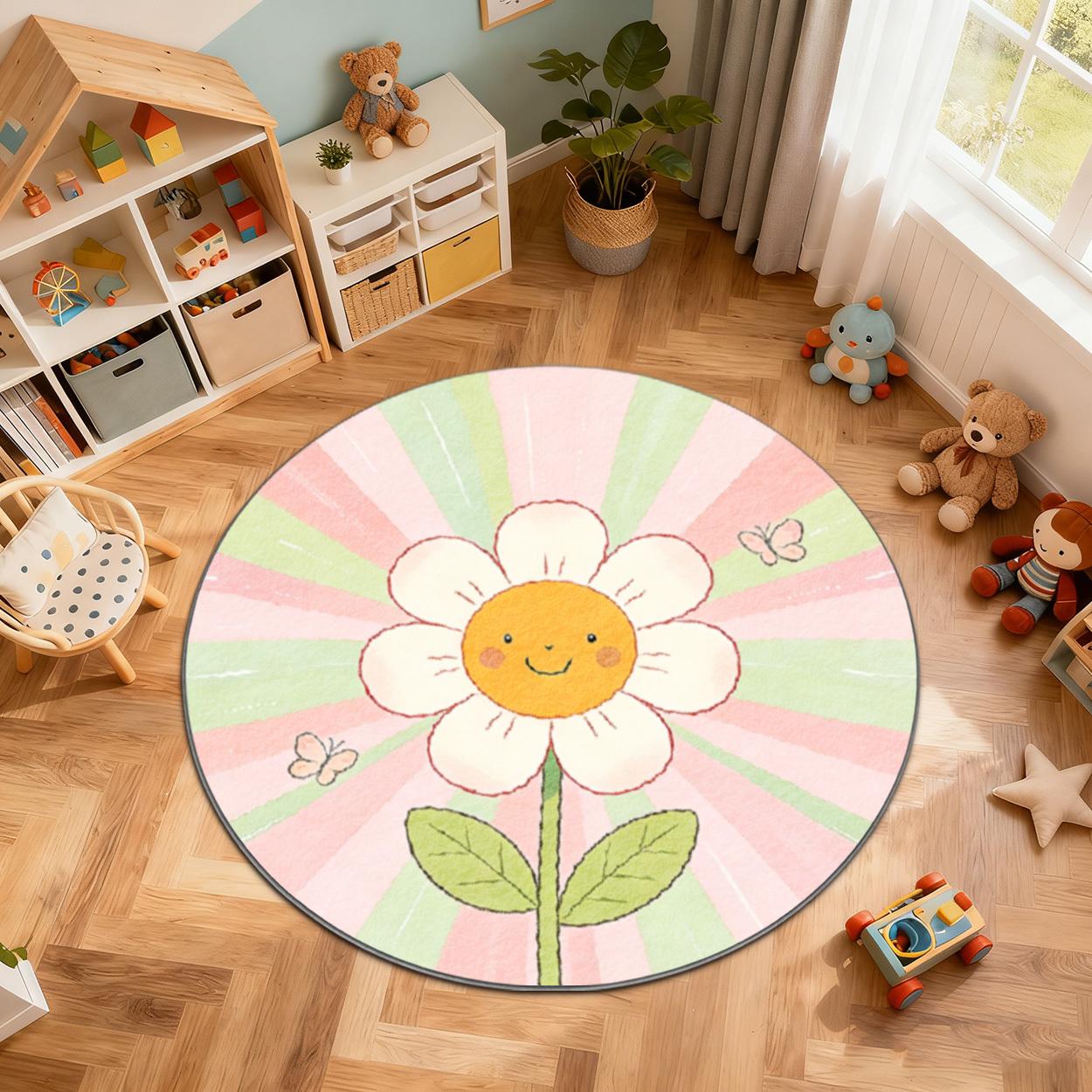Schattig Rond Bloemenkleed voor Kinderkamer Decor Kinder Speelruimte Vloerkleed Mat voor Peuterkamer Madeliefjespatroon Boho Wasbaar Tapijt Vloermat 120cm-dia.