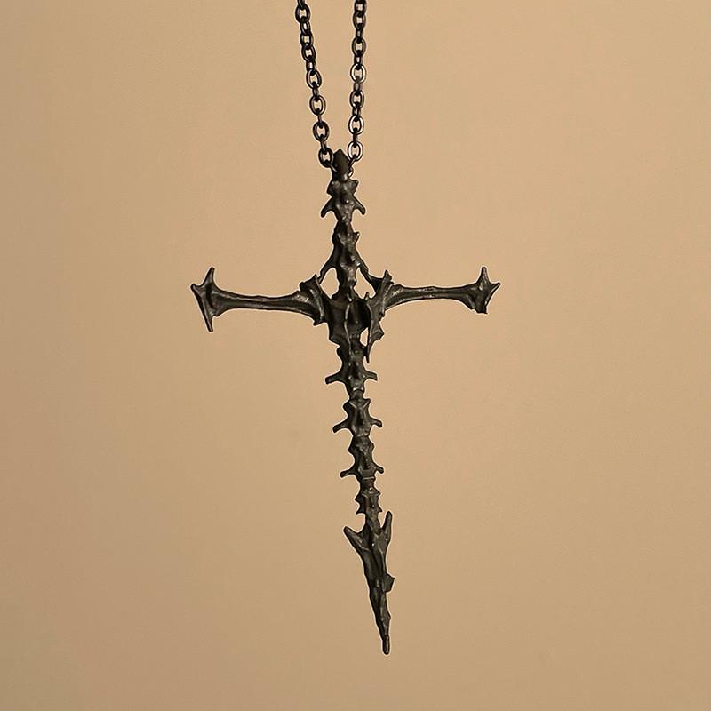 Black Gothic Unique Cross Skeleton Pendant Necklace Stylish Alloy Jewelry For Trendy Men Women And
