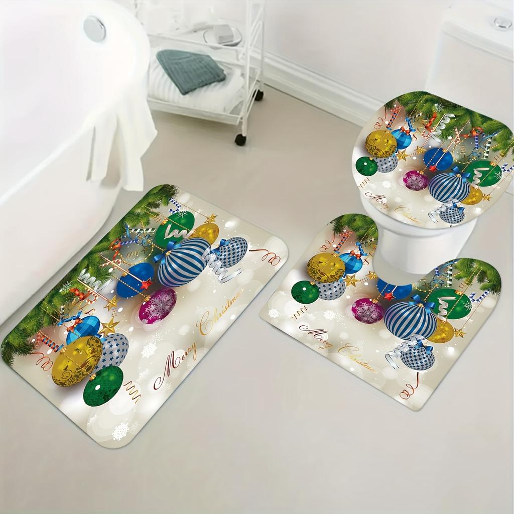 4Pcs Luxury Merry Christmas Shower Curtain Sets Waterproof  for Bathroom Non-Slip Bathroom Rugs Lid Toilet Cover Bath Mat