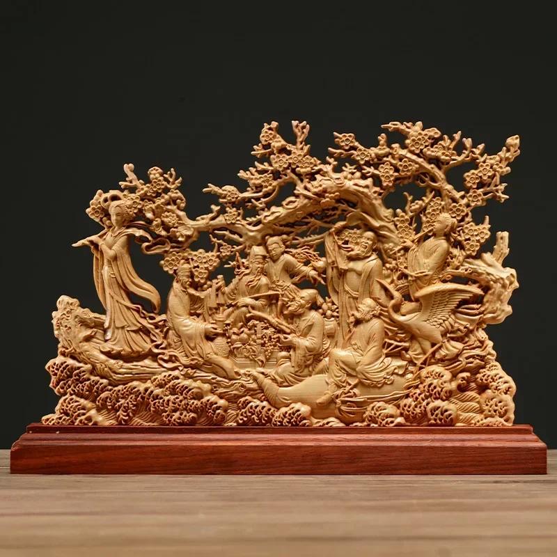 Thuja Wood  Carving Eight Immortals Sculpture Decor Dish Wood God of Wealth Lucky Gift Home Decor