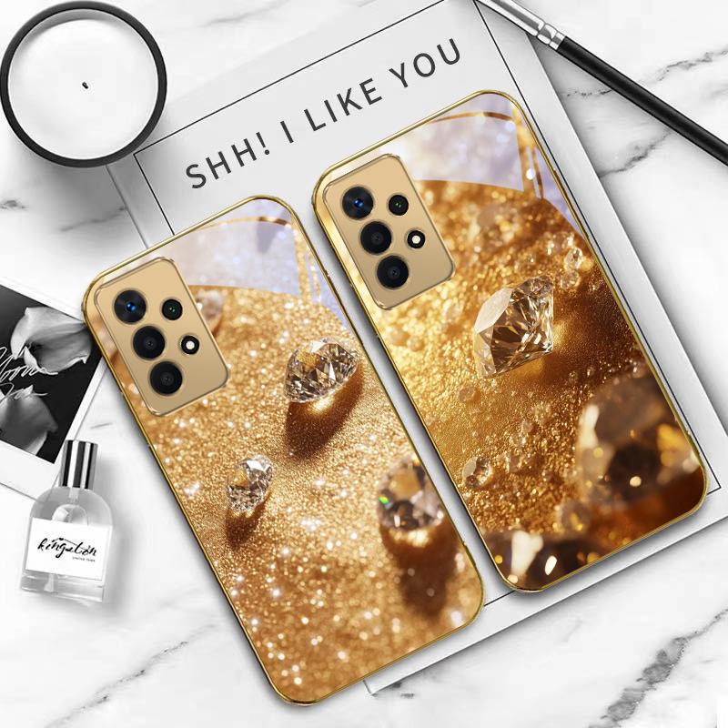 Brilliant Gold Diamonds For Samsung A 01 52S A04 A05S A10 A12 A13 22 23 24 36 42 M02 Note 10 20Ultra 8 9 Golden Glass Phone Case