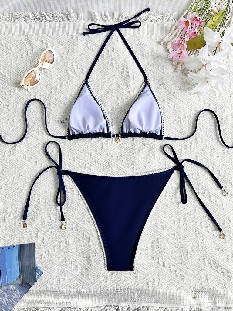 Einfarbiger Spitzenbesatz zum Binden Sexy Bikini Split Badeanzug Damen