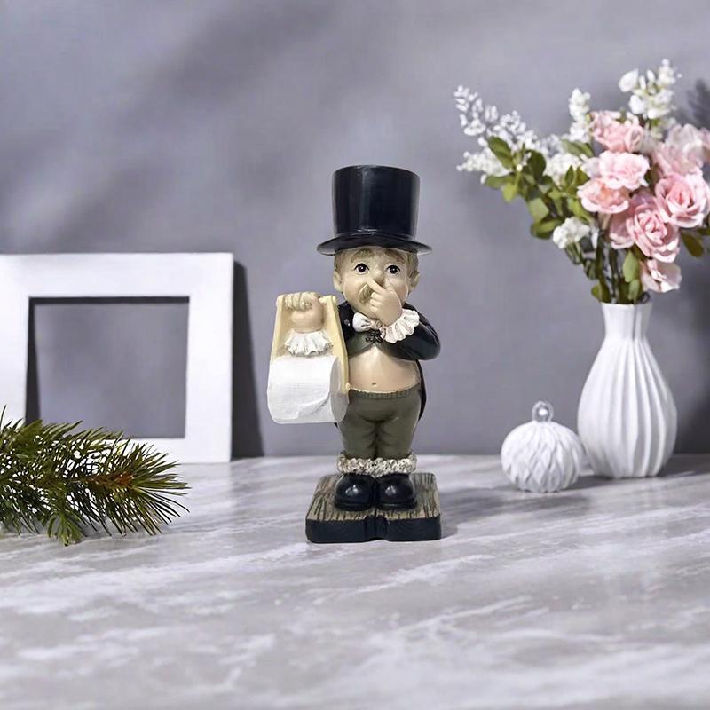 Humorvoller Taschentuchhalter Figur, Skurrile Jungenstatue in spielerischer Haltung, Kreative Schreibtisch- oder Regaldekoration für Wohnheim, Zuhause