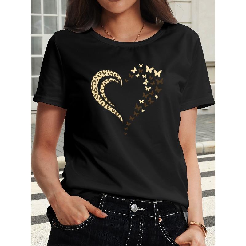 European size Women's Heart and Butterfly Pattern T-Shirt - Short-sleeved T-shirt with Heart Print, Basic T-shirt, Round Neck Top for Spring