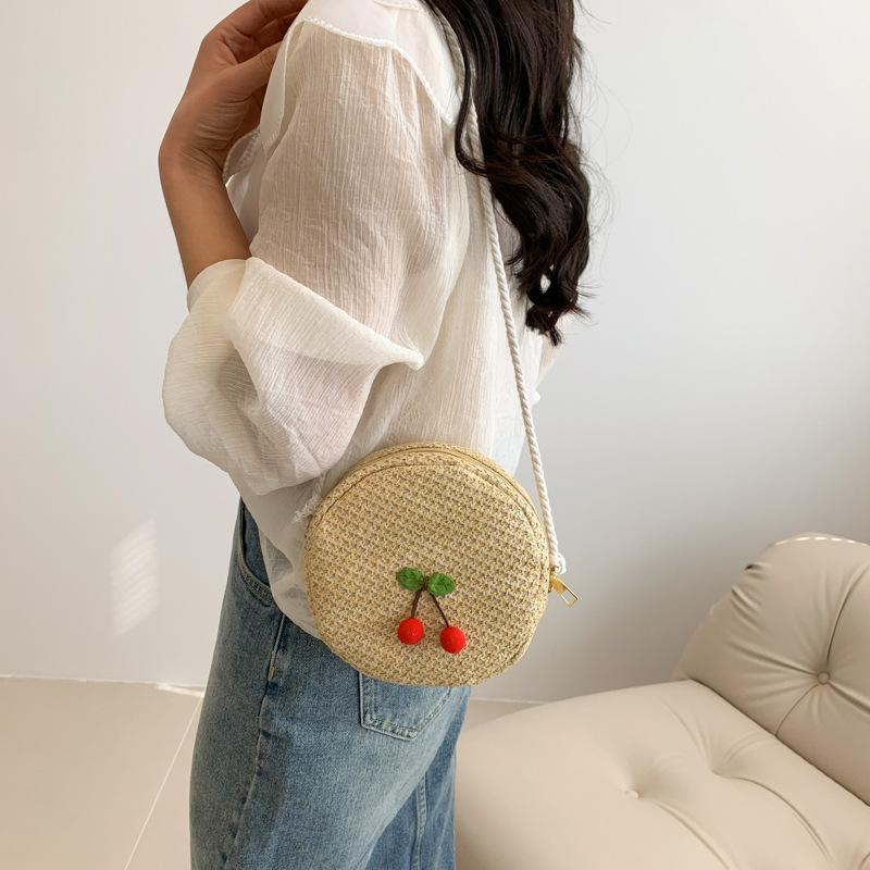2025 Spring New Straw Cherry Small Round Bag Versatile Casual Handwoven Shoulder Bag Cute Oblique Cross Tide Bag