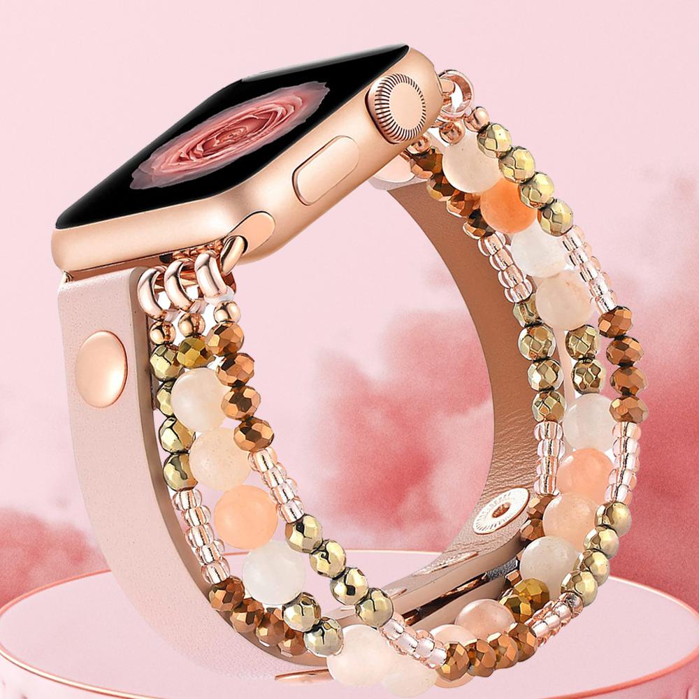 

Шкіряний ремінець для Apple Watch Series 10 42мм 46мм ремінець 40мм 38мм 41мм жіночий еластичний браслет з намистин Iwatch Ultra 49мм 9 8 7 6 SE 5 4 3 45мм 44мм 42mm 44mm 45mm рожевий