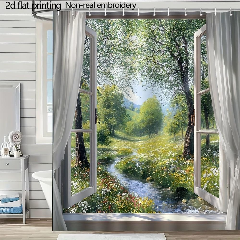 

2D Flat Window Illusion Illustration Shower Curtain 1Pc With 12 Hooks For Bathroom Home Decor Polyester 70.8X70.8 Inch W60H190(CM)-1 Pcs