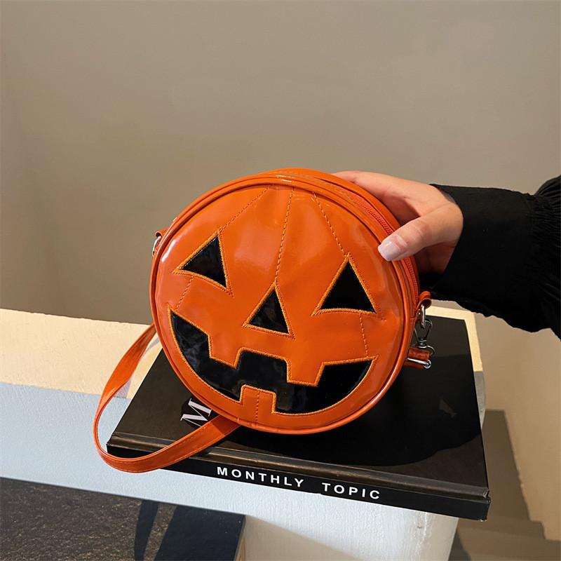 Ielgy Halloween Funny Pumpkin Head Crossbody Shiny Contrast Color One-Shoulder Round Bag