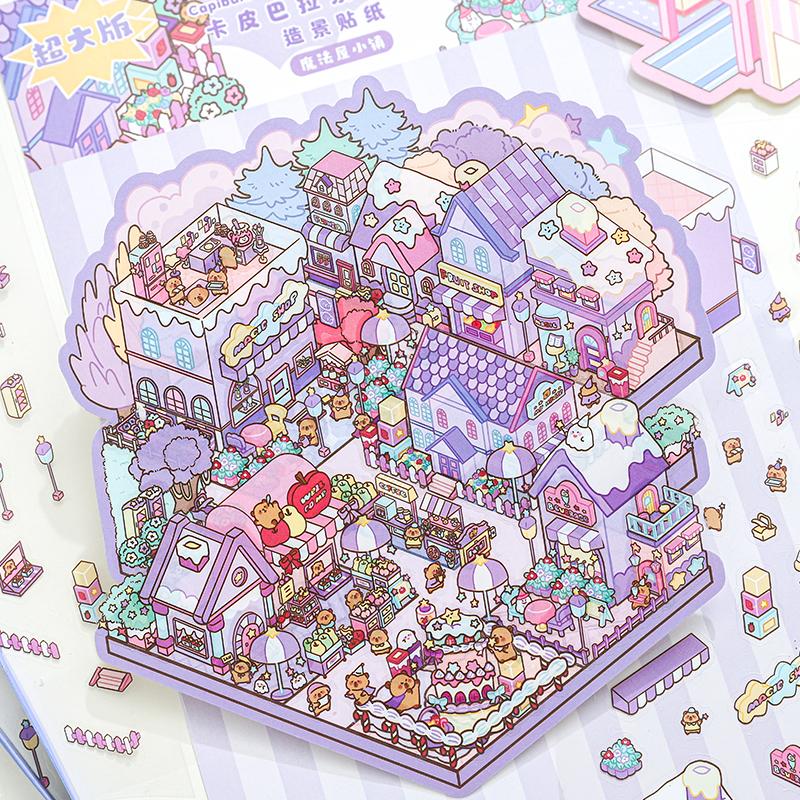 3Pack/9 Sheets Miniature Landscape 3D Stickers Cartoon PET Sticker for Children New Year Gift Stress Relief Scene Layout Sticker