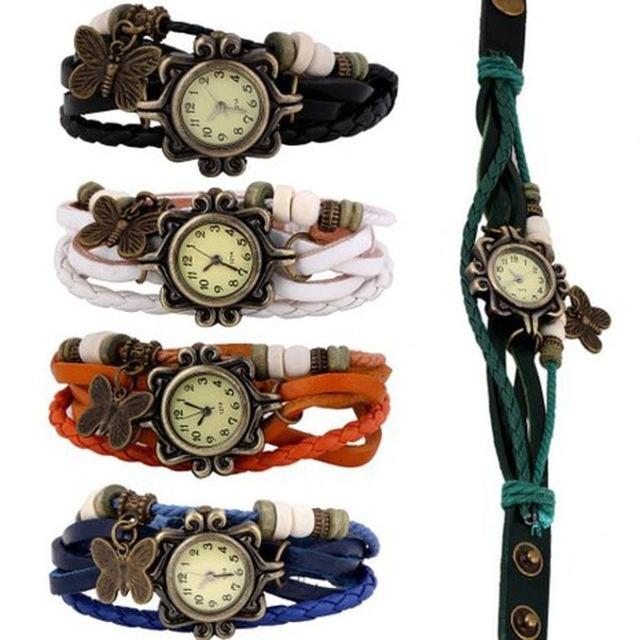 Vintage Cow Leather Watch Women Ladies Fashion Butterfly Beads Dress Quartz Wristwatch