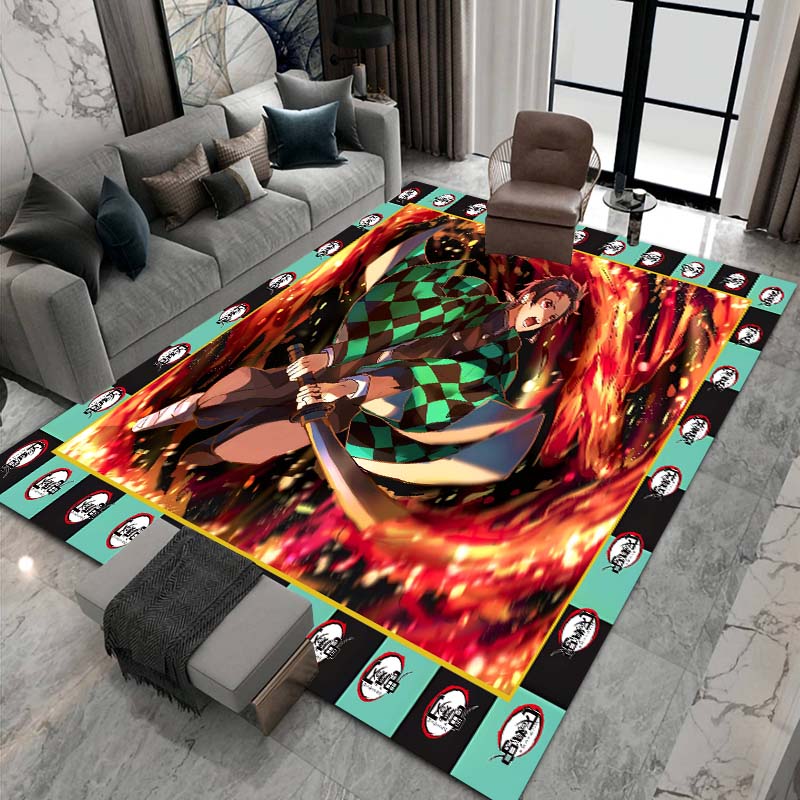 Cute cartoon Kimetsu no Yaiba rug, suitable for playrooms, bedrooms, living rooms, sofas, and other home décor; non-slip rug for