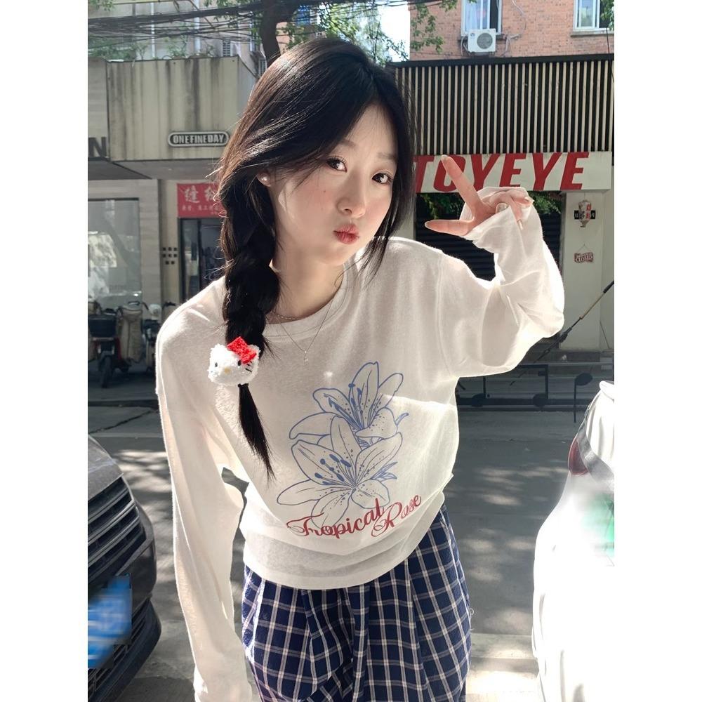 Casual Lazy Wind Sunscreen Blouse Top Summer Thin Loose Snowflake Cotton Long Sleeve Crew Neck T-Shirt Women's Air Conditioning Shirt
