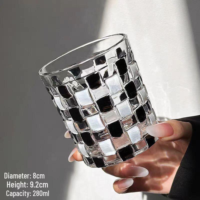 Hand-Painted Black & White Plaid Glass Cup for Beverages