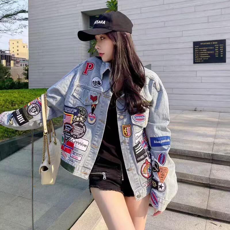 Womens Oversized Denim Jacket With Embroidered Patch Detail Streetwear Fall Loose Fit
