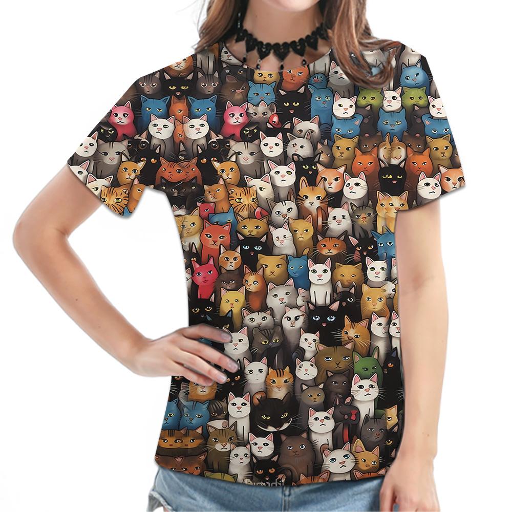 Women's Black Short-Sleeve Tee - Colorful Cat Pattern Graphic Print, Cute Animal All-Over Design Casual Top, Stylish Daily Wear