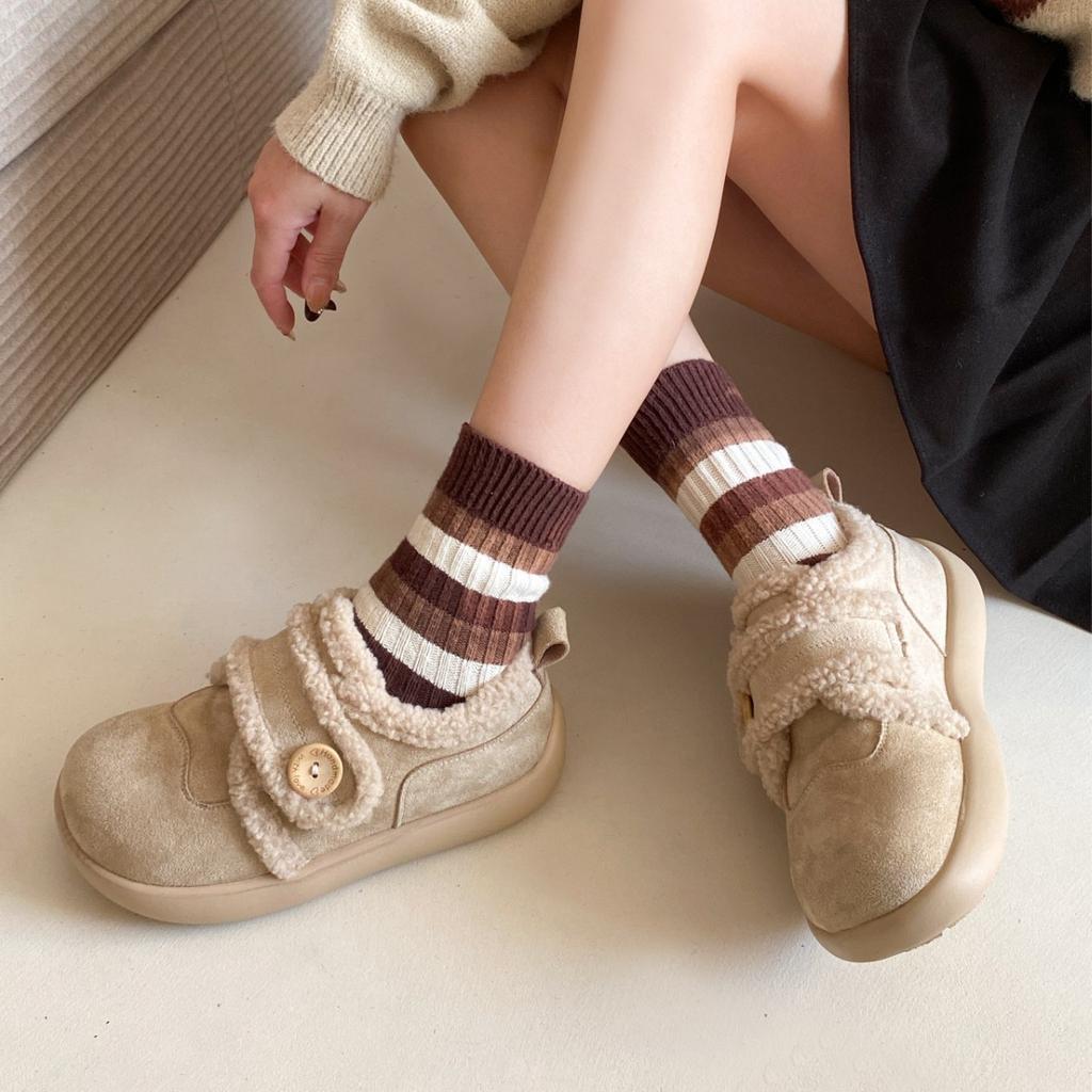 Klettverschluss bequeme Einzelschuhe Pendeln flachsohlig flauschige Schuhe Herbst und Winter modisch Retro dicksohlig flache Öffnung rutschfest Baumwollschuhe
