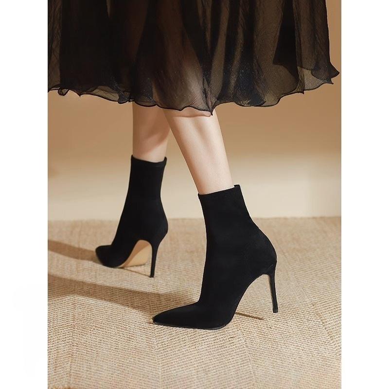 

Black elastic thin socks boots autumn 2025 new medium tube thin heel pointed thin high heel short boots women s shoes 39