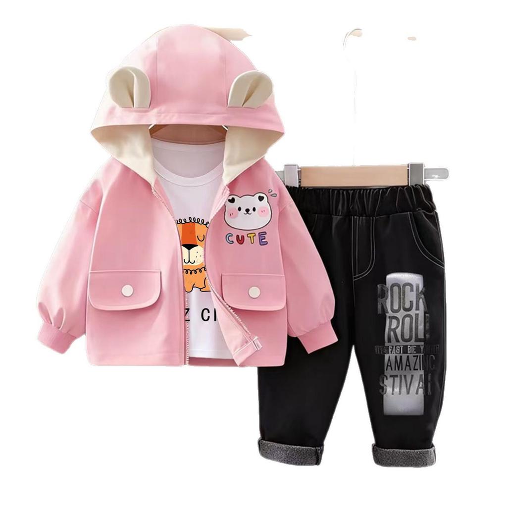Children's Cartoon Spring & Autumn Hooded Jacket: Trendy 2026 Three-Piece Set for Boys & Girls