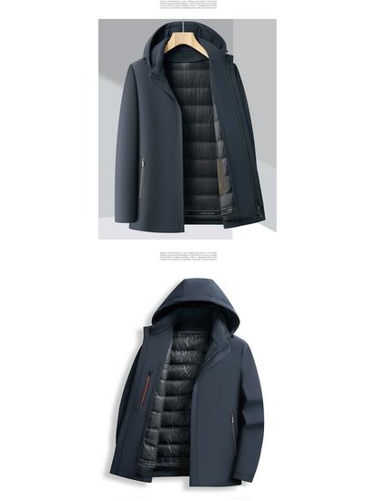 Men's Winter Hooded Jacket with Detachable Goose Down Liner - Warm Casual Outerwear for Middle-aged Dads