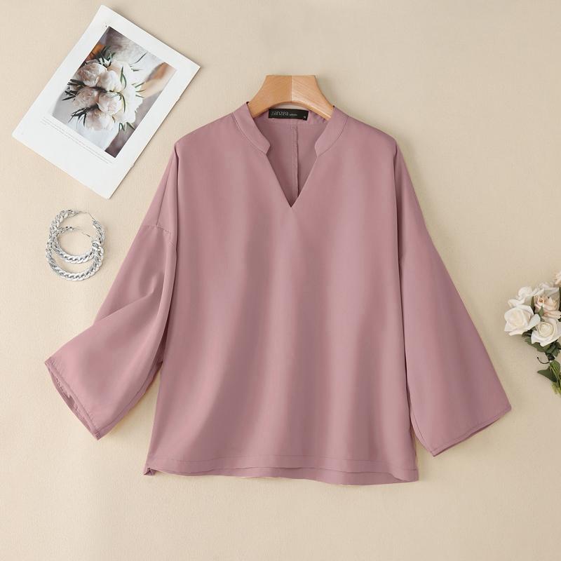 

ZANZEA Женская повседневная однотонная свободная блузка с V-образным вырезом и рукавом 3/4 4XL