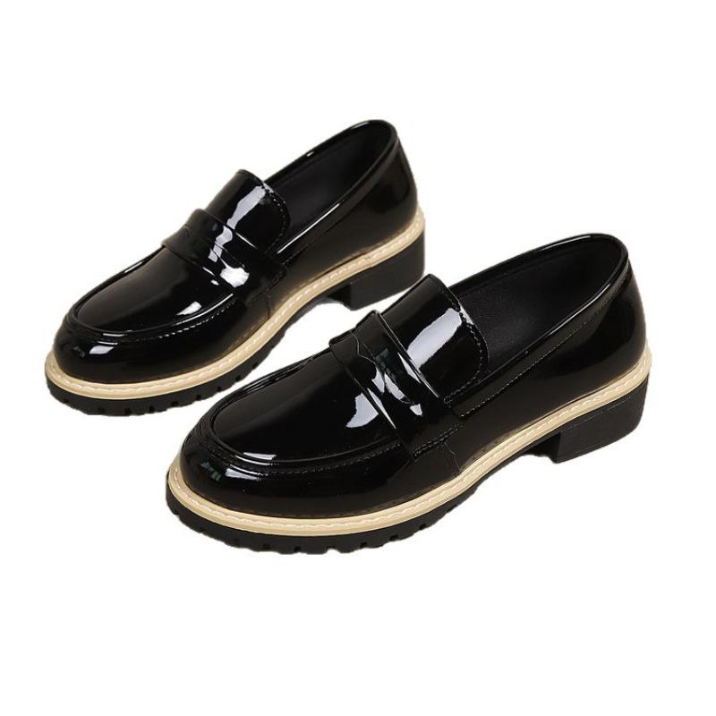 Damskie mokasyny ze skóry lakierowanej na bloku, rozmiary plus size, nowe jesienne skórzane buty w stylu brytyjskim