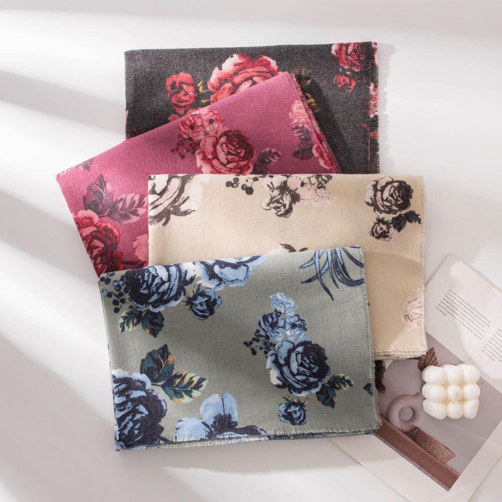 Scarf Autumn and Winter Rose Print Imitation Cashmere Tassel Shawl European and American New Women's Warm Scarf