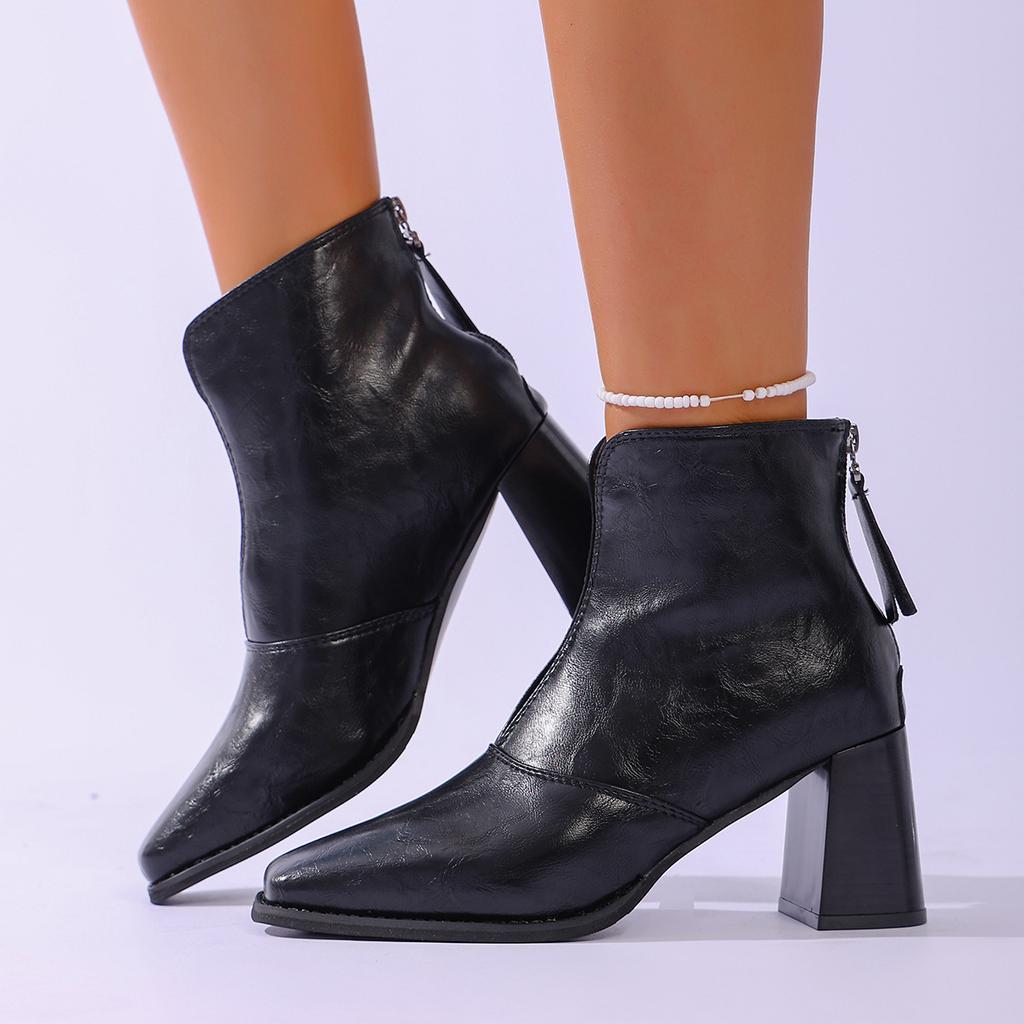 Retro Square Head High Heel Short Boots Women's 2025 Autumn and Winter New Fashion Versatile Martin Boots Rear Zipper Thick Heel Thin Boots