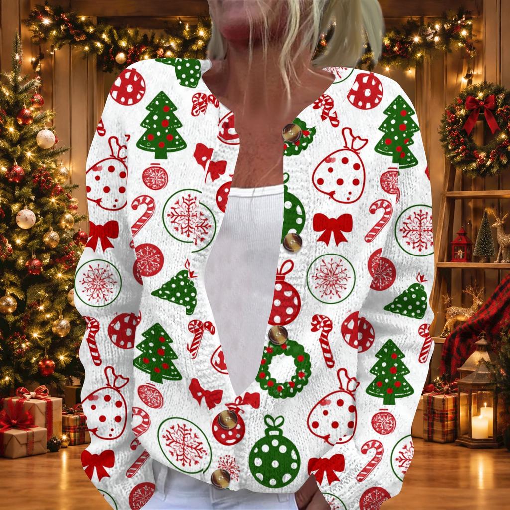 Damen Weihnachtsdruck Langarm Strickjacke Knopfleiste Pullover
